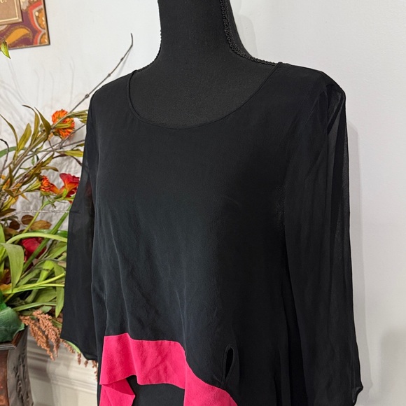 BCBGMaxAzria Runway Black Silk Pink Trim High Low Cover Up Sheer Top S - Picture 2 of 5